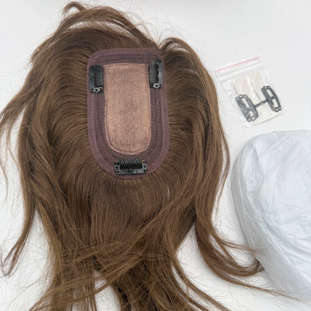 Hair Topper Real Human Hair with Bangs 7 * 13CM Silk Base with Lace 10”Med.Brown - Picture 8 of 10